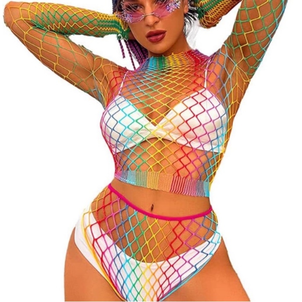 ❤️SOLD❤️ Rainbow Mesh Fishnet Rave Festival Top Booty Short Outfit Swim Cover - Picture 1 of 11
